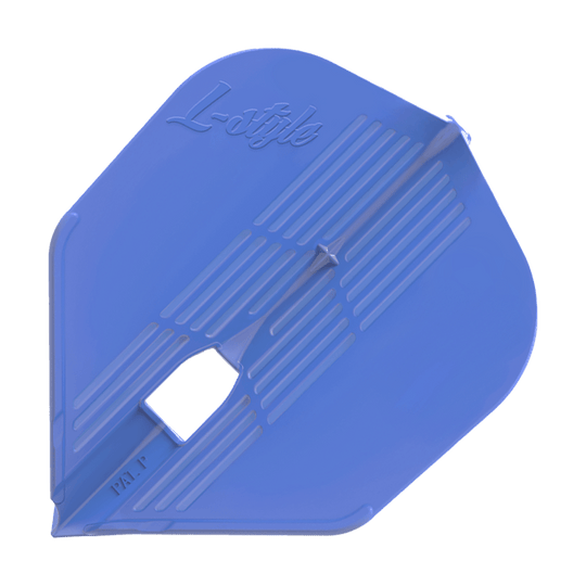 Vuelos KAMI L3PRO estilo L Das Bild zeigt ein blaues Dartflight mit dem Schriftzug "L-style" darauf. Das Flight hat eine eckige Form und gerillte Muster.