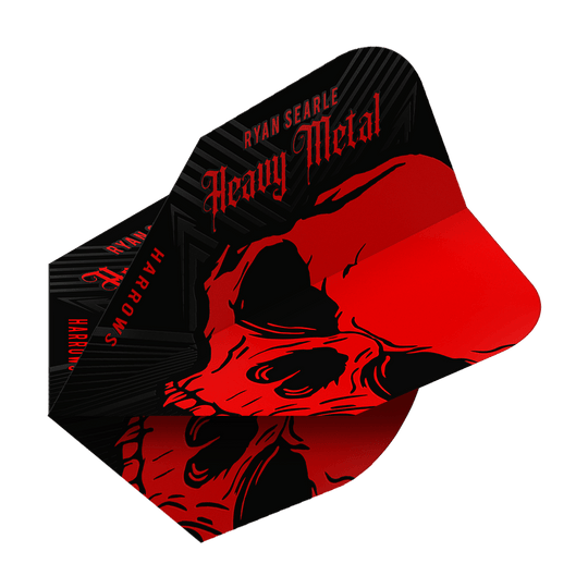 Vuelos de Heavy Metal No6 de Ryan Searle de Harrow Das Bild zeigt das Produkt "Harrows Ryan Searle Heavy Metal No6 Flights". Die Flights sind schwarz und rot gestaltet und zeigen einen auffälligen Totenkopf mit dem Schriftzug "Heavy Metal".