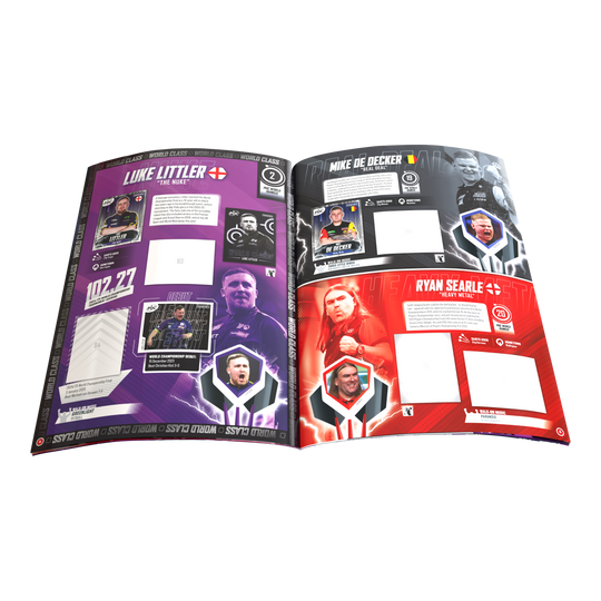 Auf dem Bild ist das Panini PDC World Darts Championship 2025/26 - Official Sticker Hardcover Sammelalbum zu sehen. Es dient zum Sammeln der offiziellen Dart-Sticker.