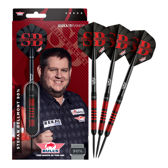 Dardos de acero Bulls NL Stefan Bellmont 90 - 23 g Das Bild zeigt die vollständigen Bulls NL Stefan Bellmont 90 Steeldarts 23g. Die Darts sind in einem Set abgebildet und überzeugen durch ihre Verarbeitung.