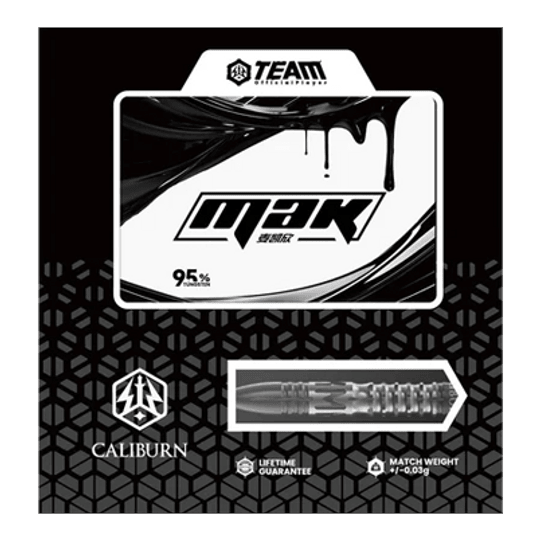 Dardos de acero Caliburn Player MAK Das Bild zeigt die Verpackung der Caliburn Player MAK Steeldarts mit einem Gewicht von 23,5g. Die Verpackung hebt das moderne Design und eine Lebenszeitgarantie hervor.