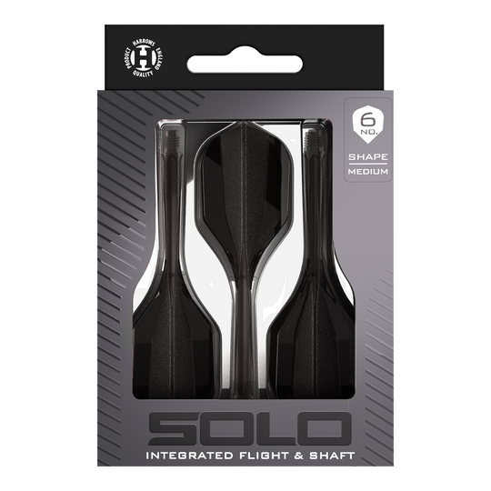 Harrows Solo No6 Flight-Shaft-System in Schwarz ist auf dem Bild zu sehen. Dieses Flight-Shaft-System eignet sich besonders für Dartspieler.