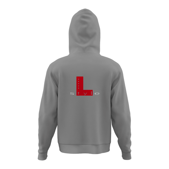 Sudadera con capucha estilo L, color gris Der Hoodie ist grau und hat auf der Rückseite ein großes rotes "L" mit dem Wort "style" darunter. Das Design ist schlicht und modern gehalten.