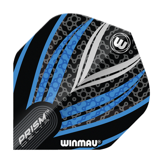 Das Bild zeigt ein Winmau Prism Delta Flight in den Farben Schwarz, Weiß und Blau. Das Design ist modern mit auffälligen Linien und Mustern.