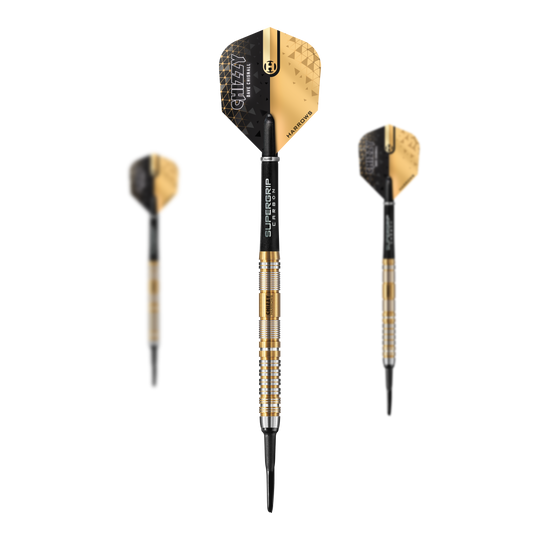 Dardos blandos Harrow's Dave Chisnall Chizzy Serie 2 Das Bild zeigt drei Softdarts der Marke "Harrows Dave Chisnall Chizzy Series 2" mit gold-schwarzem Design. Die Darts haben schwarze Flights und silber-goldene Griffe mit schwarzer Spitze.