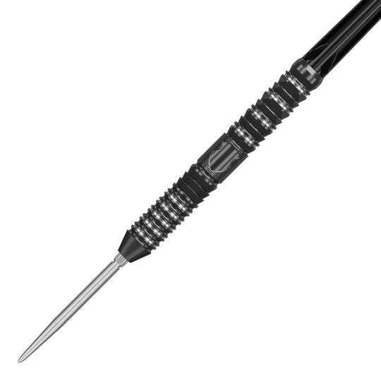 Dardos de acero Target Japan Black Marque Draco GEN2 Das Bild zeigt einen Target Japan Black Marque Draco GEN2 Steeldart. Der Dartpfeil ist schwarz mit silbernen Rillen und hat ein modernes, strukturiertes Design.