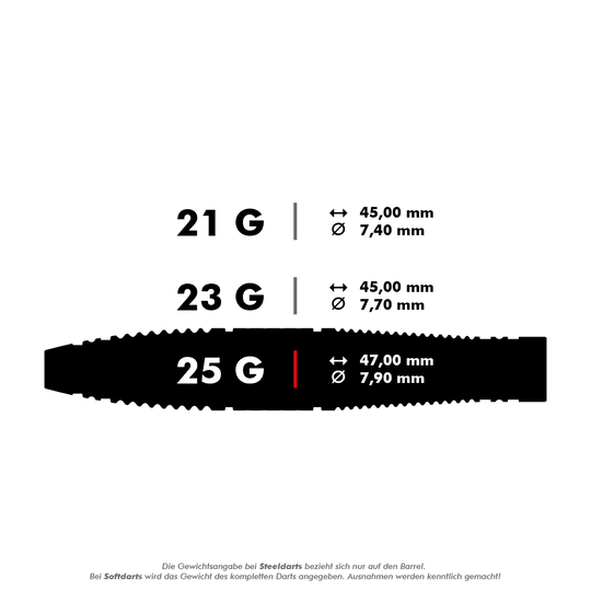 Dardos de acero Target Scope 03 Swiss Point Das Bild zeigt drei verschiedene Steeldarts mit den Gewichten 21 g, 23 g und 25 g. Die Maße Länge und Durchmesser sind für jedes Gewicht angegeben.