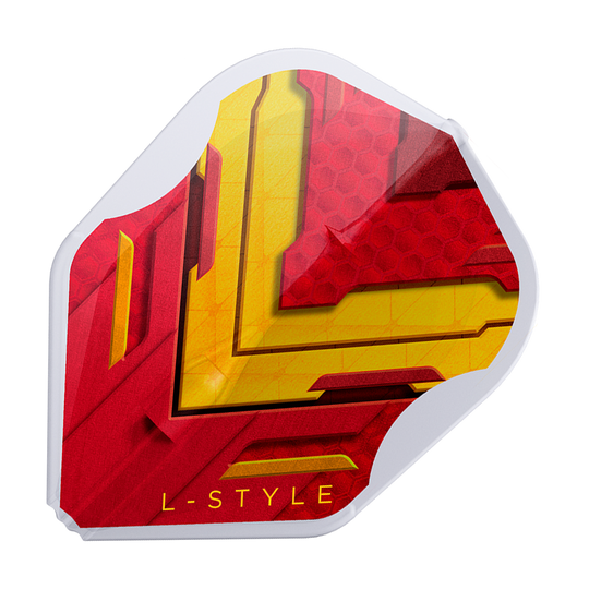 Vuelos L-Style V-Series V1 Tipo A España Blanco transparente L3EZ Dies ist ein L-Style V-Series V1 Type A Spain Clear White L3EZ Flight. Das Design ist rot und gelb mit einem weißen Rand und der Aufschrift "L-STYLE".