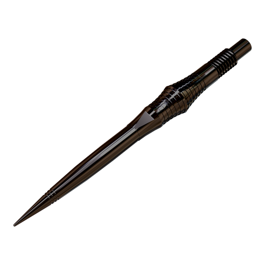 Puntas de dardo Harrows Quick Point Spire Elite Series - Negras Zu sehen sind schwarze Dartspitzen, die auf einer ebenen Fläche ausgebreitet sind. Die Spitzen werden aus einer leicht schrägen Perspektive präsentiert.