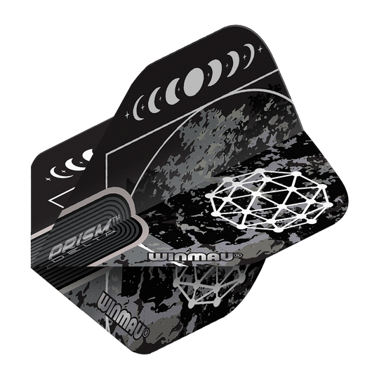 Vuelos estándar Winmau Prism Delta Callisto No2 Das Bild zeigt die Winmau Prism Delta Callisto No2 Standard Flights. Die Flights sind schwarz-grau gemustert und mit weißen grafischen Mondphasen und geometrischen Mustern verziert.