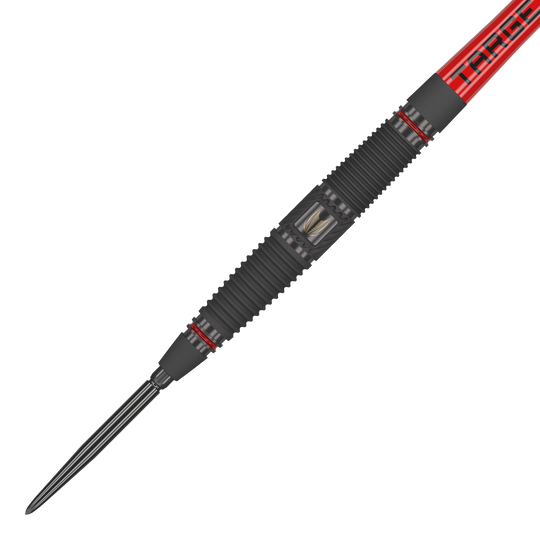 Dardos de acero Target Scope 04 Swiss Point Das Bild zeigt einen Target Scope 04 Swiss Point Steeldart. Der Dart hat ein schwarzes, geriffeltes Griffstück mit roten Akzenten und einer silbernen Spitze.