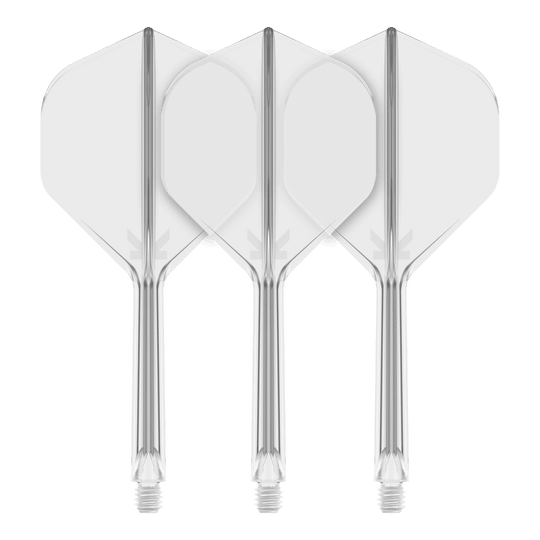 Sistema de vuelo estándar Target K-Flex No2 - Transparente Das Bild zeigt drei durchsichtige Dartflights mit passenden Schäften. Sie sind nebeneinander auf einem schwarzen Hintergrund angeordnet.