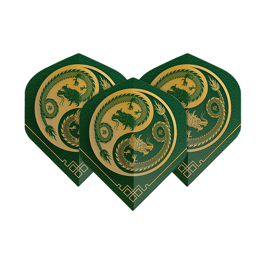 Vuelos de pentatlón Dragón verde Das Bild zeigt drei Pentathlon Dragon 3 Standard Flights in Grün und Gold. Auf jedem Flight ist ein kunstvoller Drache im Kreisdesign abgebildet.