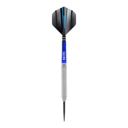 Dardos de acero originales Red Dragon Razor Edge Das Bild zeigt einen Red Dragon Razor Edge Original Steeldart mit einem Gewicht von 24g. Der Dart hat einen silbernen, geriffelten Schaft, einen blauen Mittelteil und schwarze Flights mit weißen Punkten und einem blauen Streifen.