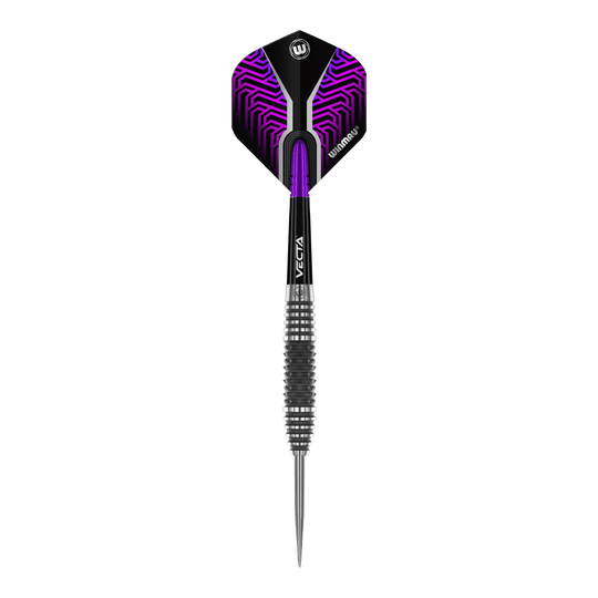 Dardos de acero Winmau Kairos 01 Auf dem Bild ist ein Winmau Kairos 01 Steeldart zu sehen. Der Dartpfeil hat ein modernes Design mit schwarzem und lila Muster am Flight.