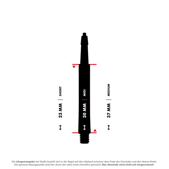 HRC12619_Harrows_Clic_Standard_Shafts_5_30mm1XzLfpnBFBHMK Das Bild zeigt die Längenangaben der Harrows Clic Standard Shafts in Weiß. Es werden drei Größen dargestellt: Short (23 mm), Midi (30 mm) und Medium (37 mm).