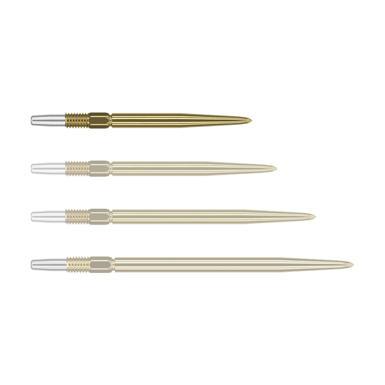 Puntas de dardos Target Swiss Point Gold Das Bild zeigt vier goldene Dartspitzen, die nebeneinander ausgerichtet sind. Die Spitzen haben ein silbernes Gewinde am Ende.