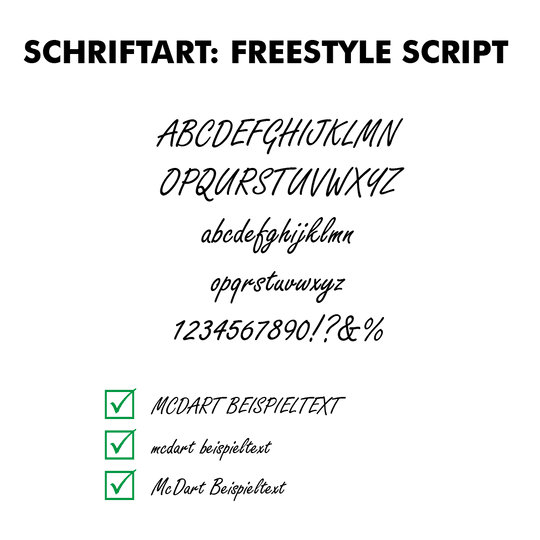 Flightdruck_Schriftart_Freestyle_Scriptng5X5F3EZwPWg Das Bild zeigt die Schriftart "Freestyle Script" mit Beispielen für Großbuchstaben, Kleinbuchstaben und Zahlen. Unten sind verschiedene Beispieltexte in dieser Schriftart mit grünen Häkchen angezeigt.