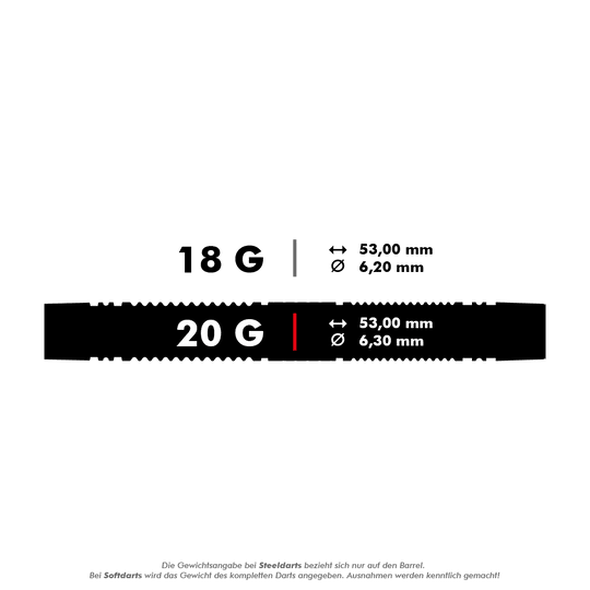 Target Scope 10 dardos blandos Das Bild zeigt die technischen Daten von zwei Softdarts mit einem Gewicht von 18 g und 20 g. Beide Darts sind 53 mm lang, der Durchmesser beträgt 6,2 mm bzw. 6,3 mm.