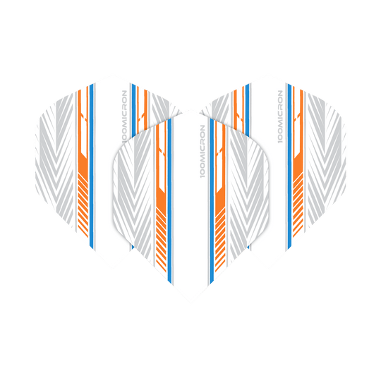 Vuelos de pentatlón blanco/naranja/azul Das Bild zeigt die Pentathlon White Orange Blue No2 Standard Flights. Sie sind weiß mit auffälligen orangefarbenen, blauen und grauen Linienmustern gestaltet.