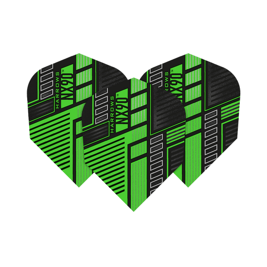 HR49_Harrows_Prime_NX90_Green_No6_Flights_15Ob7XLR5S1qp0 Harrows Prime NX90 Flights liegen nebeneinander. Die grafischen Details sind scharf abgebildet.