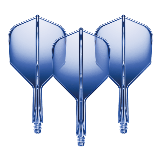 Auf dem Bild sind drei blaue Dartflights mit kurzen Schäften zu sehen. Sie stehen nebeneinander und haben eine glänzende Oberfläche.