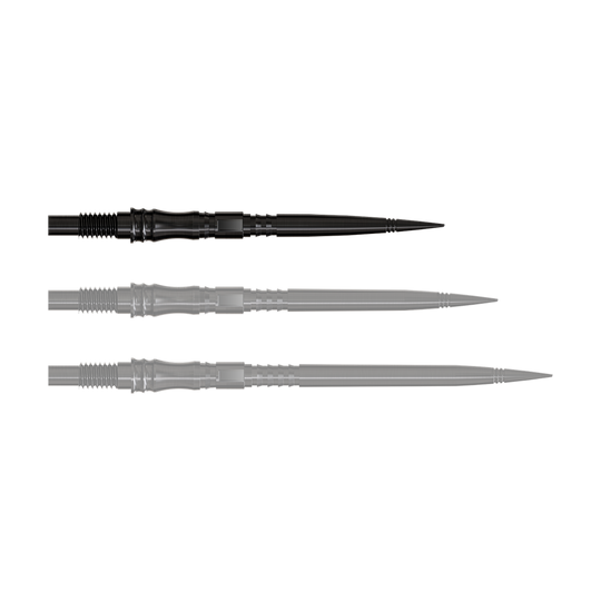 Apex Axis Black Elite Serie Dartspitzen in 30mm werden gezeigt. Die Spitzen sind schmal und schwarz.