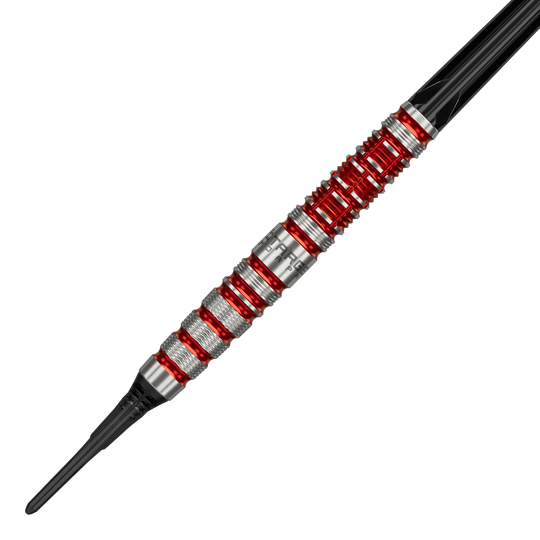 Dardos blandos Target Black Marque Spinel - 21,5 g Target Black Marque Spinel Softdarts - 21,5g ist ein hochwertiger Softdart. Das Bild zeigt das schwarze Dartpfeil-Design mit markanten Elementen.