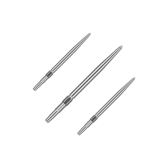 Puntas de dardos Target Swiss Point Silver Das Bild zeigt drei silberne Dartspitzen, die nebeneinander liegen. Sie sind lang und haben an einem Ende eine strukturierte Griffzone.