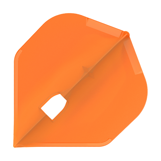 Plumas Estilo L Champán - Estándar L1PRO Das Bild zeigt ein orangefarbenes Dartflight in einer standardisierten Form. In der Mitte befindet sich ein quadratisches Loch für die Befestigung am Dart-Schaft.