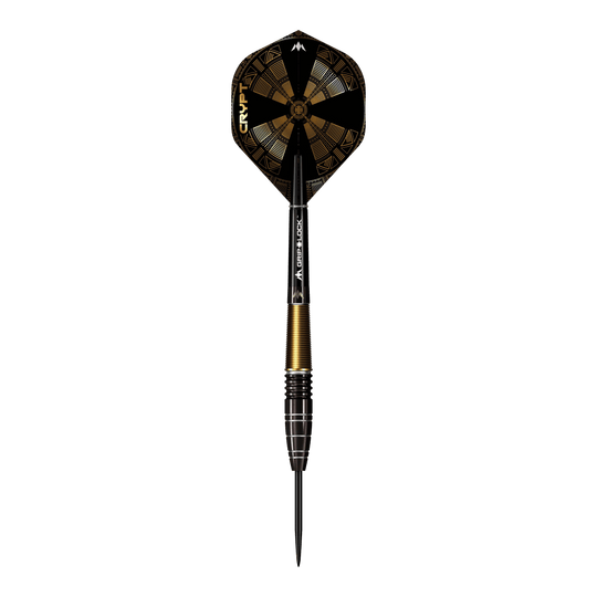 Dardos de acero Mission Crypt Modelo 1 - 22 g Das Bild zeigt einen Mission Crypt Model 1 Steeldart mit einem Gewicht von 22g. Der Dart ist schwarz-gold gefärbt und hat ein geometrisches Design auf dem Flight.