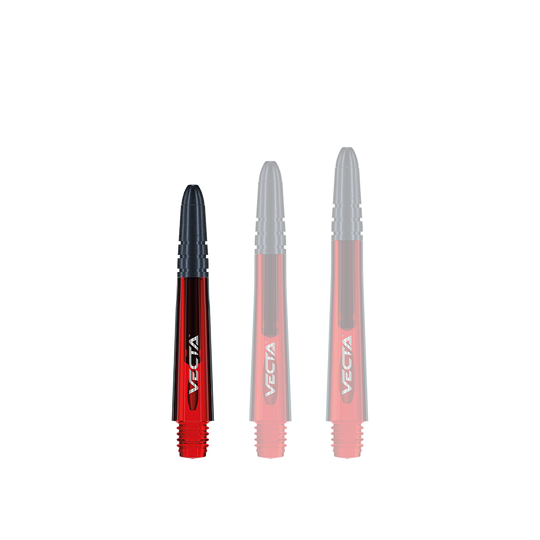7025-103_Winmau_Vecta_Shafts_Rot_34mm_1p9cBdL0Fj9IIe Das Bild zeigt drei Winmau Vecta Shafts in Rot, die in unterschiedlichen Längen nebeneinander stehen. Die Schäfte sind rot mit schwarzen Spitzen und haben das Wort "Vecta" aufgedruckt.