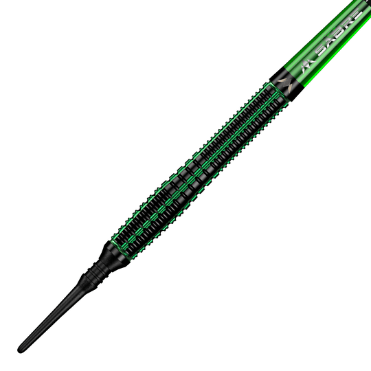 Dardos blandos Mission Venom - 20 g Das Bild zeigt einen Mission Venom Softdart mit einem Gewicht von 20 Gramm. Der Dart ist überwiegend schwarz mit grünen Akzenten und einem schlanken Design.