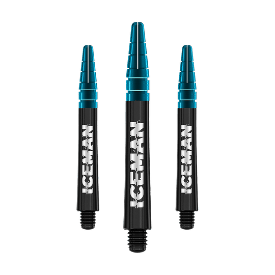 Das Bild zeigt drei schwarze Red Dragon Nitrotech Gerwyn Price Dartshafts mit blauem oberen Ende. Auf jedem Shaft steht das Wort "ICEMAN" in großen, weißen Buchstaben.