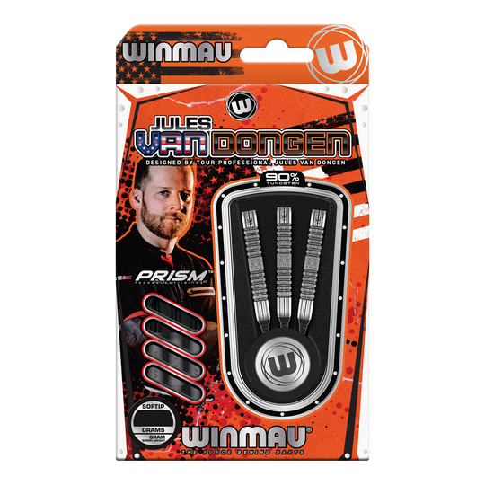 Dardos blandos Winmau Jules Van Dongen - 20g Das Bild zeigt eine Verpackung der "Winmau Jules Van Dongen Softdarts - 20g". In der Packung befinden sich drei Softdarts mit 90% Tungsten.