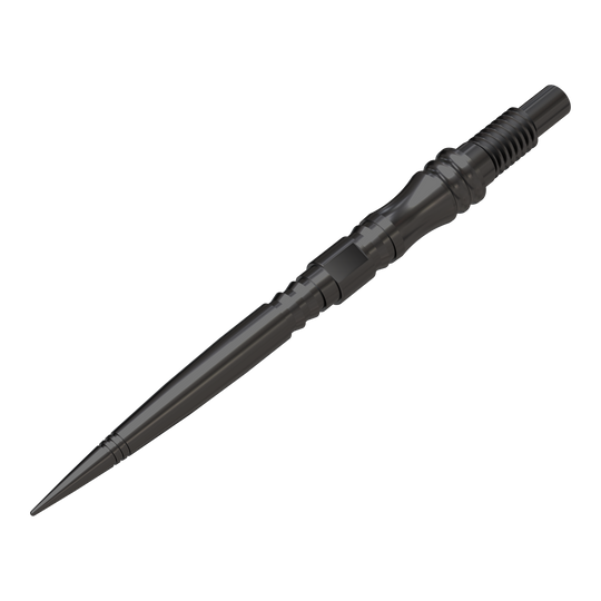Harrows Quick Point Apex Axis Elite Series Dartspitzen - Schwarz Mehrere schwarze Dartspitzen liegen nebeneinander angeordnet. Das Profil jeder Spitze ist klar zu erkennen.
