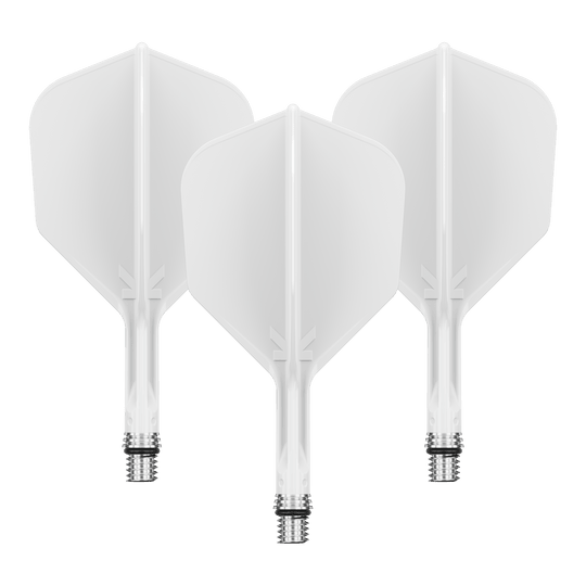 Plumas Target K-Shift No6 - Blancas Zu sehen ist ein Flight-Set namens 410540_Target_KShift_No6_Flights_Wei_19mm_1Set. Mehrere weiße Flights sind gemeinsam präsentiert.