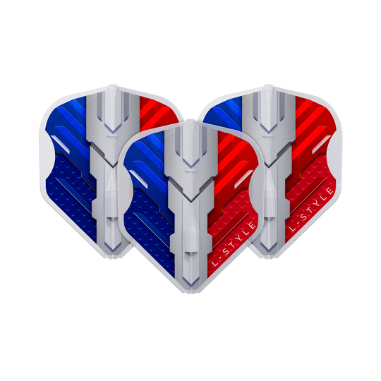 Vuelos L-Style V-Series V1 Tipo B Francia Blanco transparente L1EZ Das Bild zeigt drei Dartflights in den Farben Blau, Weiß und Rot, die die französische Flagge darstellen. Auf den Flights steht der Markenname "L-Style" und sie haben ein modernes, technisches Design.