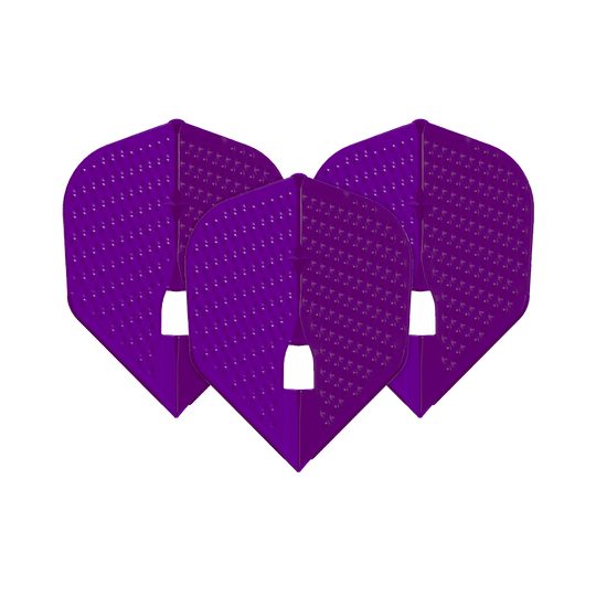 Das Bild zeigt drei lila Dart-Flights in einem speziellen Shape-Design mit kleinen Dellen. Es handelt sich um das Produkt "L-Style Flights Dimple Champagne L3PRO Shape".