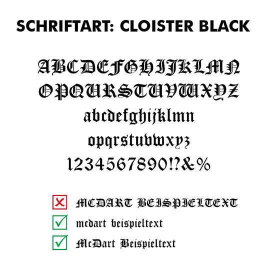 Flightdruck_Schriftart_Cloister_Blackl3d9bpUNQXPwy Das Bild zeigt das Alphabet, Zahlen und Sonderzeichen in der Schriftart "Cloister Black". Unten werden korrekte und falsche Schreibweisen mit Häkchen und Kreuz dargestellt.