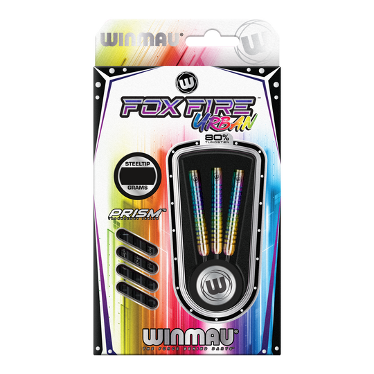 Dardos de acero Winmau Foxfire Urban Das Bild zeigt die Verpackung der "Winmau Foxfire Urban Steeldarts". Die Darts haben ein buntes Design und bestehen zu 80 % aus Wolfram.