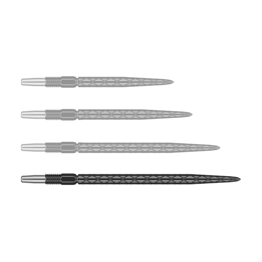 Puntas de dardos Target Swiss Diamond Pro Black Points Auf dem Bild sind vier schwarze Dartspitzen mit einem diamantförmigen Muster zu sehen. Sie sind in einer waagerechten Reihe angeordnet.