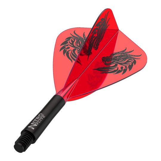 Red Dragon Nitro Flite - Vuelos de cometas de Jonny Clayton Dart-Flights zu sehen, vermutlich Jonny Clayton Kite Flights in kurzer Variante. Die Flights sind in dunklem Design gehalten.