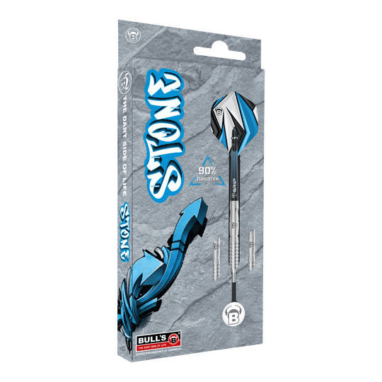 Dardos de acero Bulls Stone S2 Die Abbildung zeigt die Verpackung der "Bulls Stone S2 Steeldarts". Die Darts bestehen zu 90% aus Tungsten und sind im Design grau und blau gehalten.