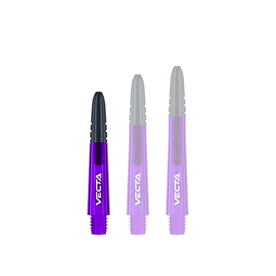 Flechas Winmau Vecta - Morado Negro Das Bild zeigt drei lilafarbene Dartschäfte mit schwarzen Spitzen. Auf jedem Schaft steht das Wort "VECTA" in weißer Schrift.