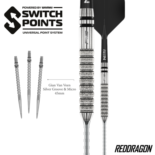 Dardos de acero Red Dragon Gian Van Veen Tour Edition Switch Point - 21 g Gezeigt werden die Red Dragon Gian Van Veen Tour Edition Switch Point Steeldarts - 21g aus einer anderen Perspektive. Das Design ist sportlich und funktional.