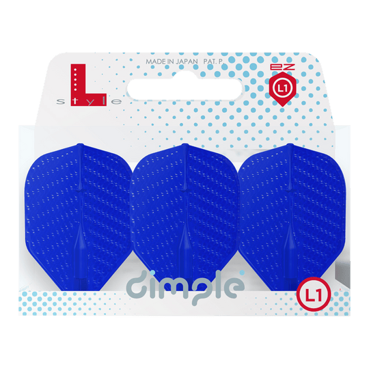 Vuelos estilo L con hoyuelos color champán L1EZ estándar Auf dem Bild sind drei blaue Dart-Flights in einer Verpackung zu sehen. Die Verpackung trägt die Aufschrift "dimple" und das Logo "L-style".