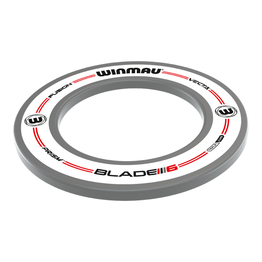 Das Bild zeigt einen weißen Dartboard Surround von Winmau mit der Aufschrift „Pro-Line Original“. Der Ring ist rund, hat rote und schwarze Akzente und dient zum Schutz der Wand um die Dartscheibe.