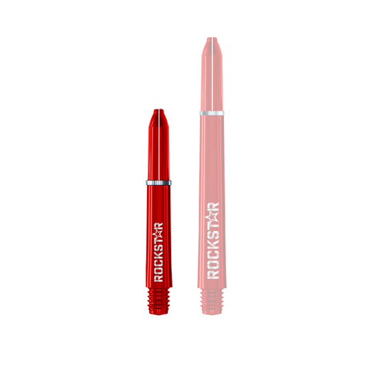 Varillas de nailon Winmau Joe Cullen Rockstar Das Bild zeigt zwei rote Dartschäfte in unterschiedlichen Längen. Auf beiden Schäften steht das Wort "ROCKSTAR" in weißer Schrift.