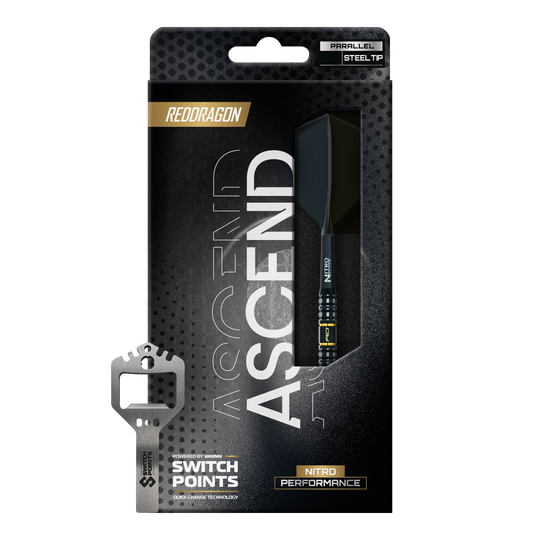 Dardos de acero de punto de conmutación paralelo Red Dragon Ascenso Zu sehen sind drei Red Dragon Ascend Parallel Switch Point Steeldarts gruppiert in einer Reihe. Die Darts heben ihre hochwertige Verarbeitung hervor.